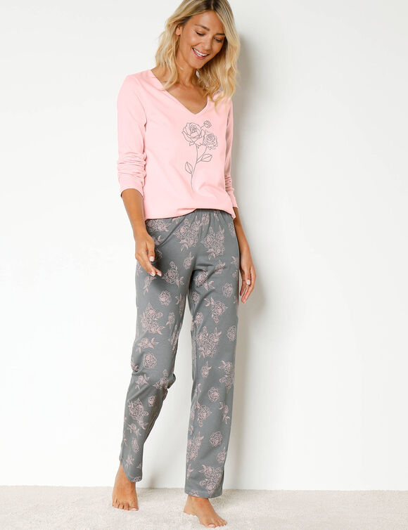 Pyjama en coton manches longues imprimé roses (gris / rose) Pyjama en coton manches longues imprimé roses (gris / rose)